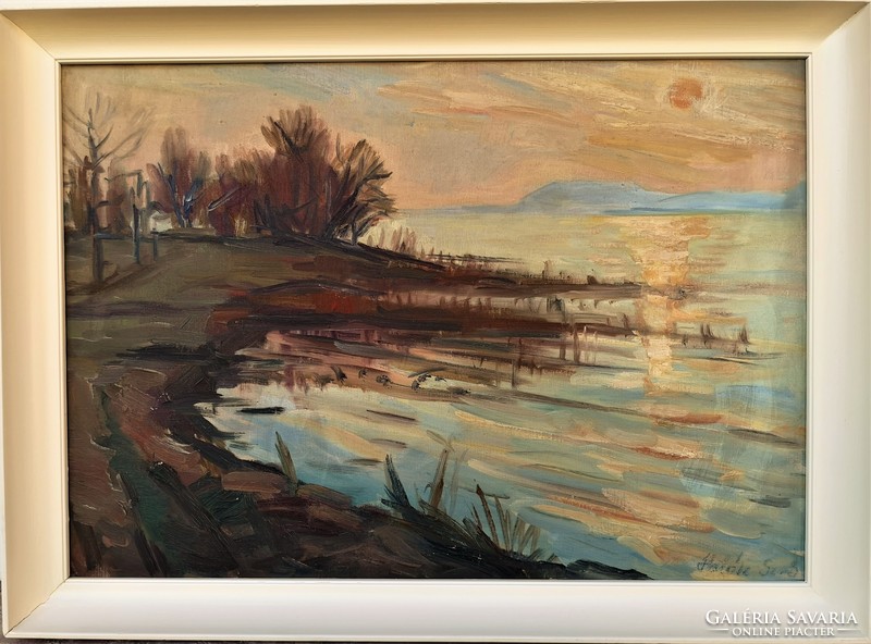 Fisherman Sándor Szabor (1920-1996) landscape of Lake Balaton c. Oil painting with original warranty!