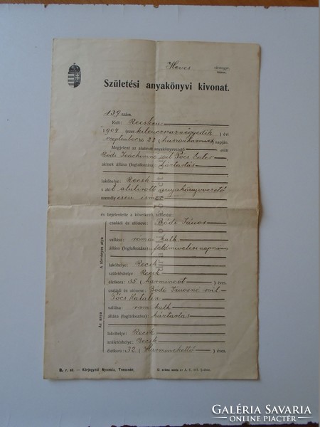 ZA397.22 Születési anyakönyvi kivonat     Recsk   Heves vm. 1916  Bódi János