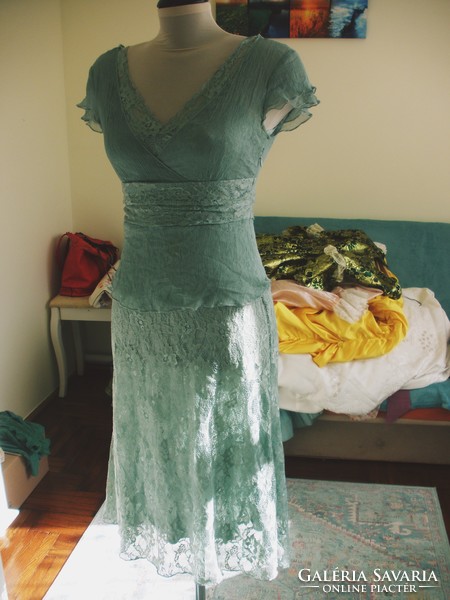 Water-green silk and lace fabric dress