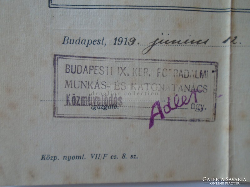 ZA397.13 Polgári Leányiskolai Bizonyítvány Budapest 1919 RECSK  Bódi Mária - Munkás és Katonatanács