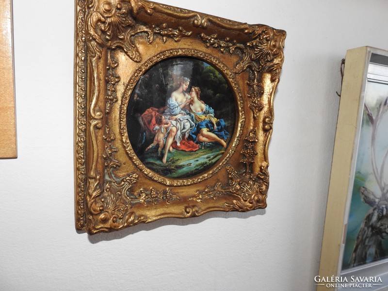 Barokk csont / porcelán tűzzománc festmény blondel keretben - Mitológia jelenet