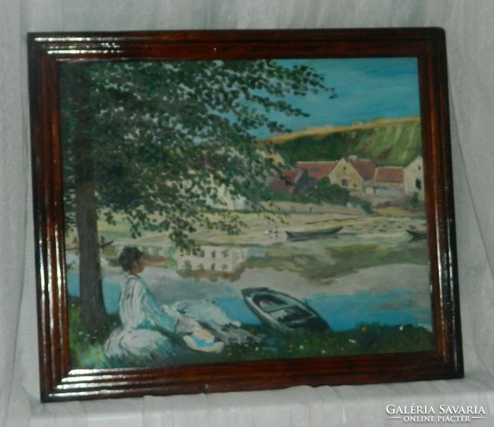 Woman on the waterfront - antique oil / canvas painting in wooden frame