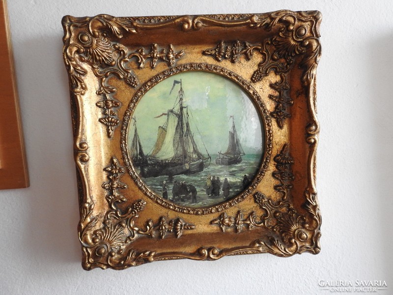 Baroque bone / porcelain fire enamel painting in blondel frame - sailboats