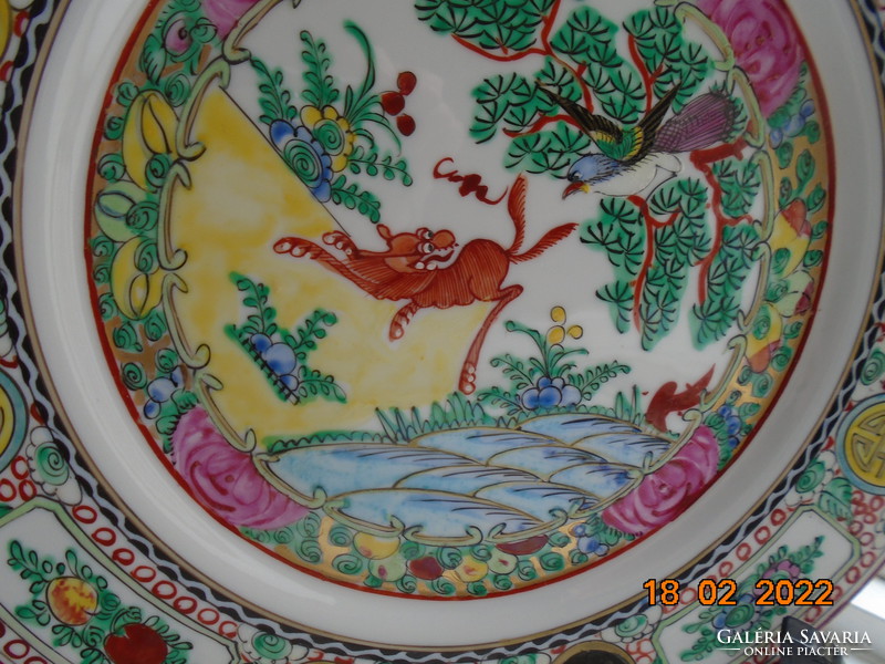 Antique rare two-tailed foo dog and bird pattern with hand-painted famille beat ornamental coins