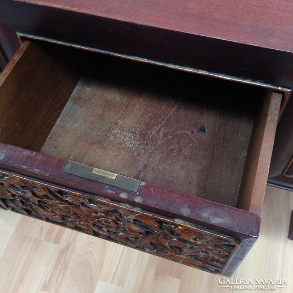 Antique Chinese five drawer wooden table with carved gilded drawer front