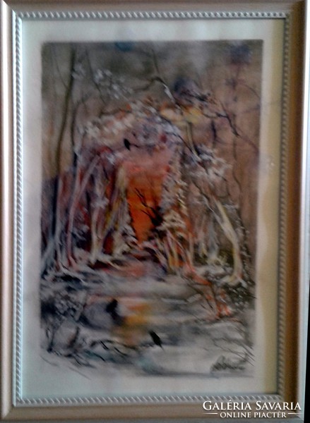 "Téli naplemente"24 x 33  cm-es keretben aqarell  egyedi festmény