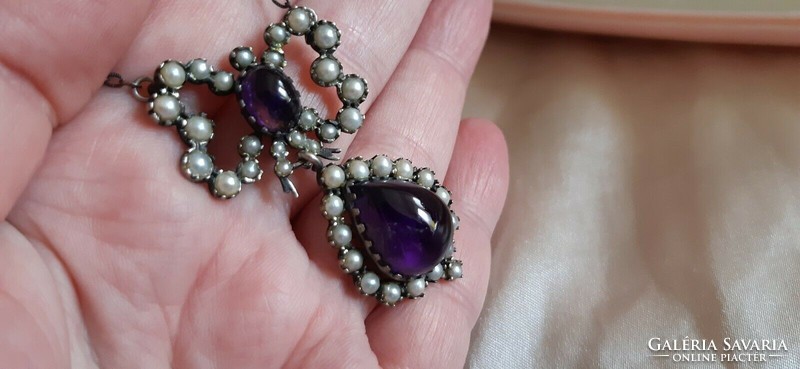 Art Nouveau silver collier with amethyst and seed pearls