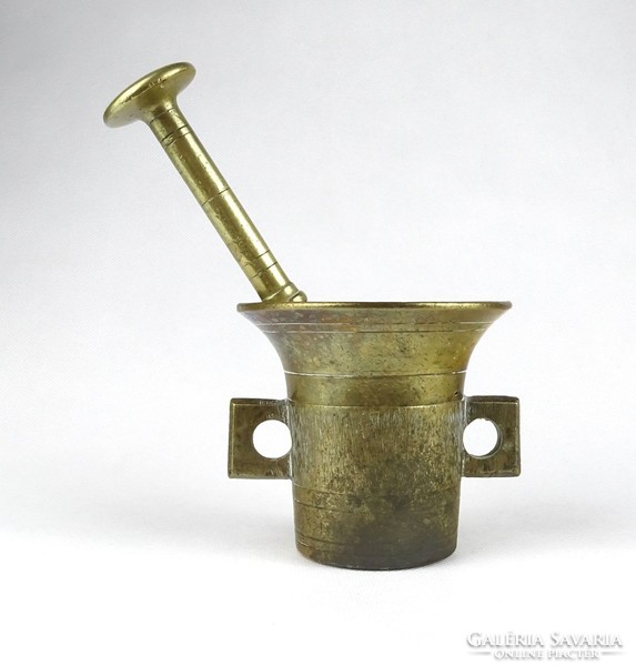 1I485 antique square brass mortar with pestle