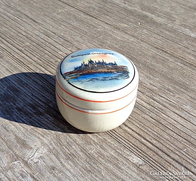 Old souvenir porcelain box with image of Budapest country house