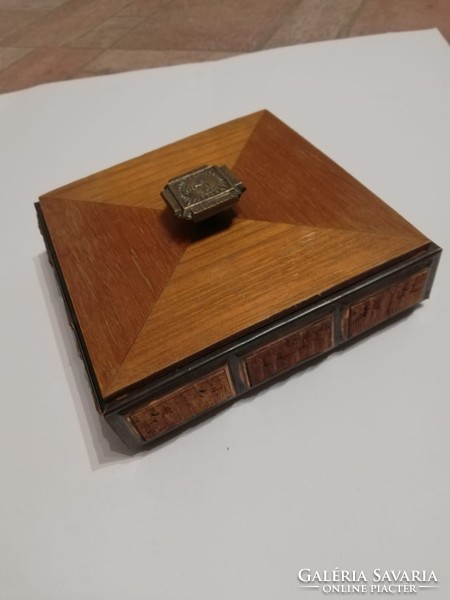 Luxurious old wooden box with copper inlay - copper tongs