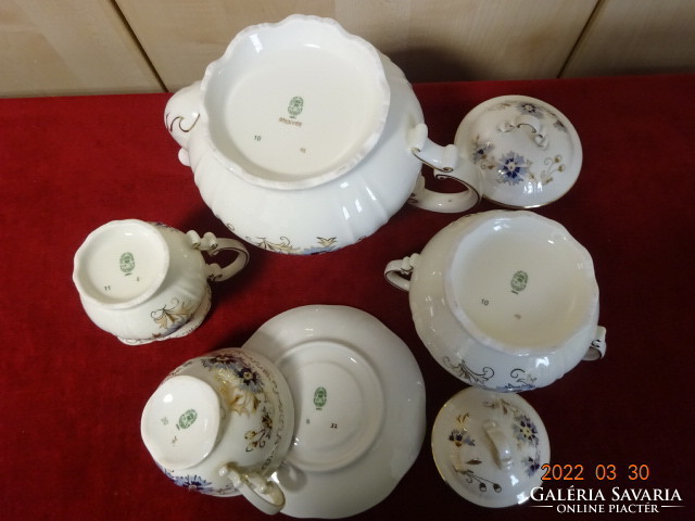 Zsolnay porcelán hat személyes teáskészlet, búzavirág mintás, sorszáma 9335/059. Vanneki! Jókai.