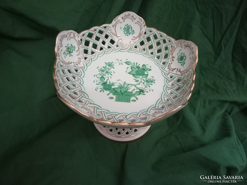 Antique herend green indian flower basket patterned fruit basket