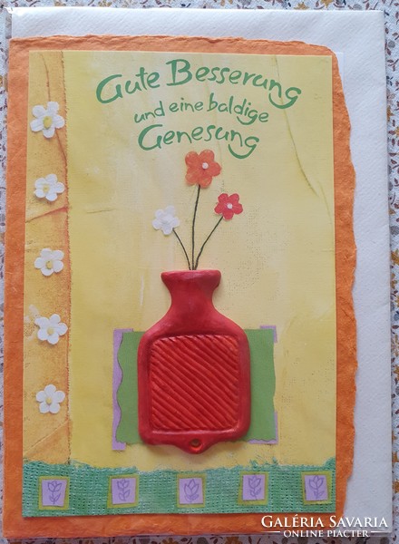 Jókívánság képeslap kicsi kerámia vázával borítékkal üdvözlőlap üdvözlőkártya postatiszta német