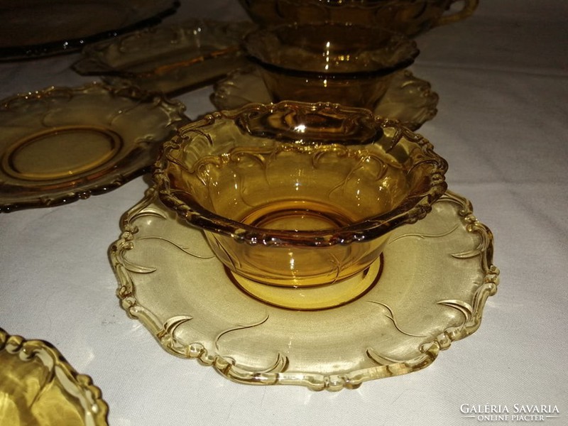 Amber yellow antique glass cookie, tea set serving, sugar bowl, small plate, cup, bowl