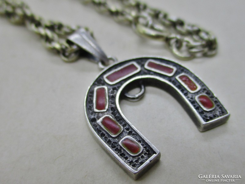 Special old thick silver necklace with enamel horseshoe pendant