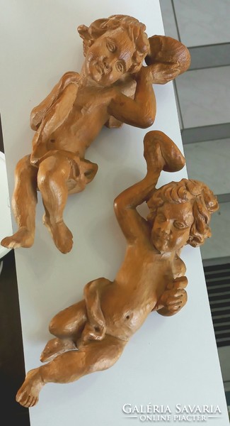 Fa angyal szobor gyertyatatartó pár