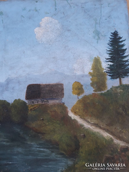 Turkish j. (Jenő?) Signposted: waterfront landscape with a small house - old oil canvas