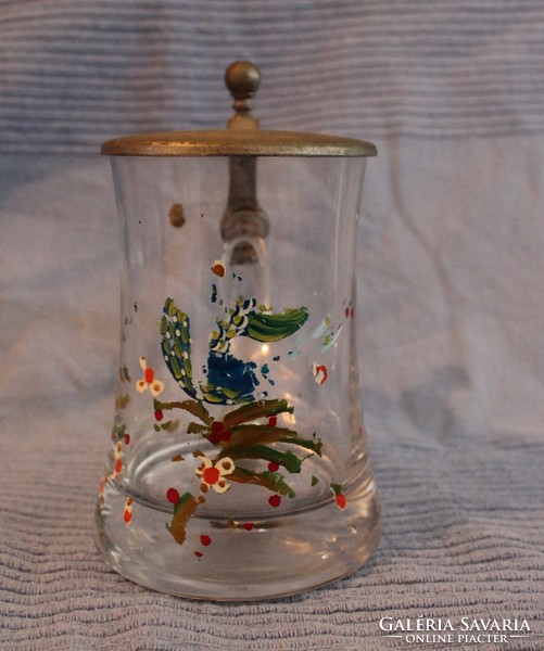 Old small glass tin-topped painted jar