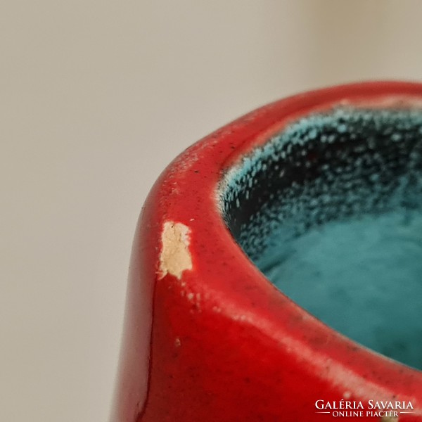 Applied art, splattered green polka dots, red glazed ceramic vase (2175)