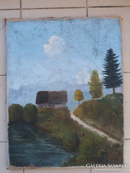 Turkish j. (Jenő?) Signposted: waterfront landscape with a small house - old oil canvas