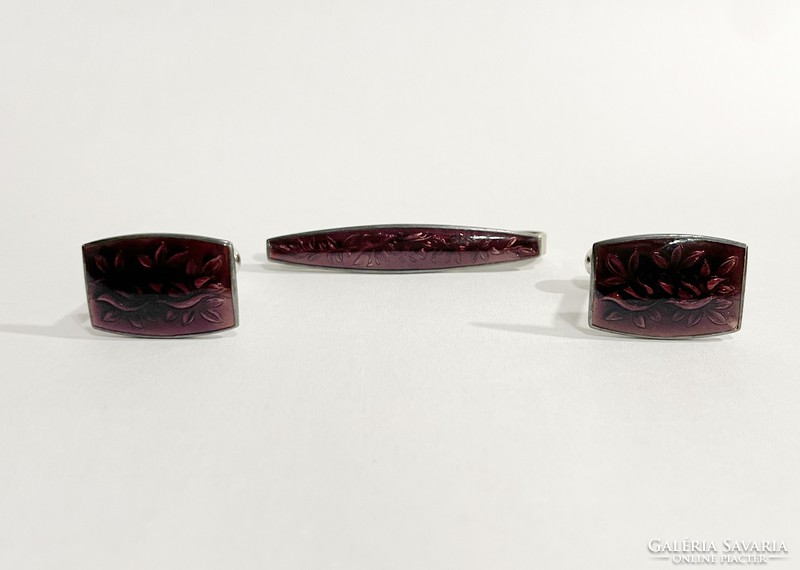 Pair of silver cuffs decorated with fire enamel, tie pins