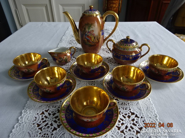 Zsolnay porcelain, antique coffee set for six people, scene, gold inside. He has!