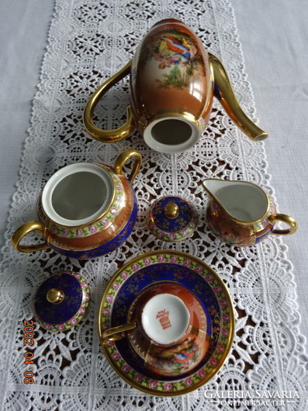 Zsolnay porcelain, antique coffee set for six people, scene, gold inside. He has!