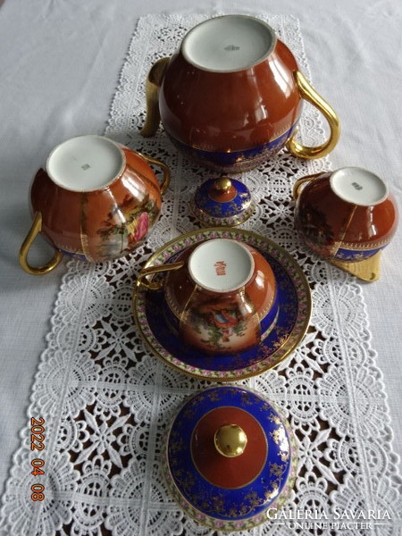 Zsolnay porcelán hatszemélyes, antik teáskészlet, jelenetes, belseje arany. Vanneki!