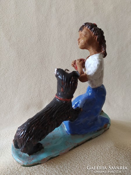 Art deco ceramic girl with dog marked, 20 cm