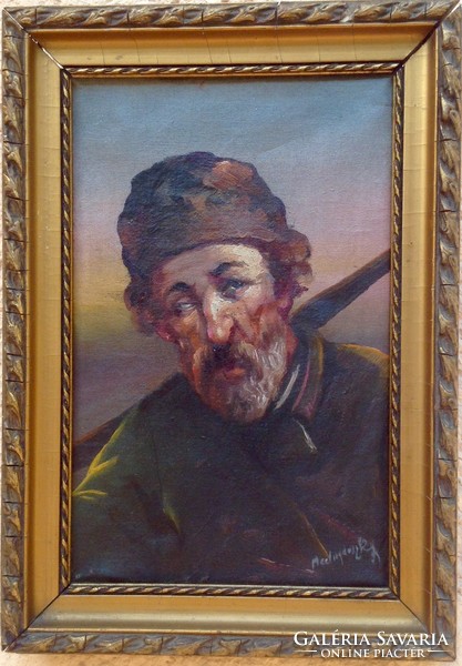 Mednyánszky sign: wanderer with umbrella. Oil on canvas 16 x 25 cm, life picture in gilded frame