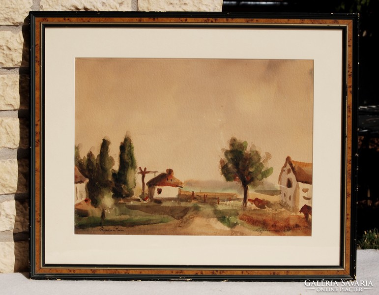Regdon (after 1910-1990): farmyard with boom well, 1937, large charcoal - watercolor, framed