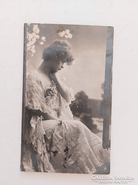 Old postcard 1909 photo postcard lady with flowers
