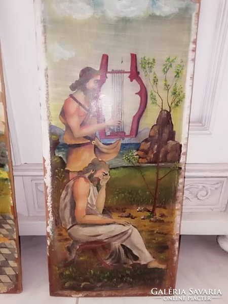 Mythological scenes, pictures, painting painted on old antique wood