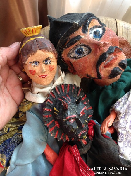 Old hand-painted pulp and carved wooden puppet figurines