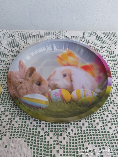 Beautiful colorful tin plate bowl easter bunny rabbit decoration collector beauty