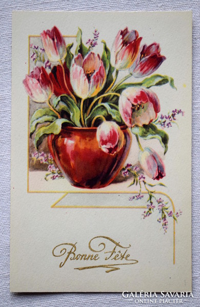 Vintage francia grafikus üdvözlő képeslap  tulipáncsokor