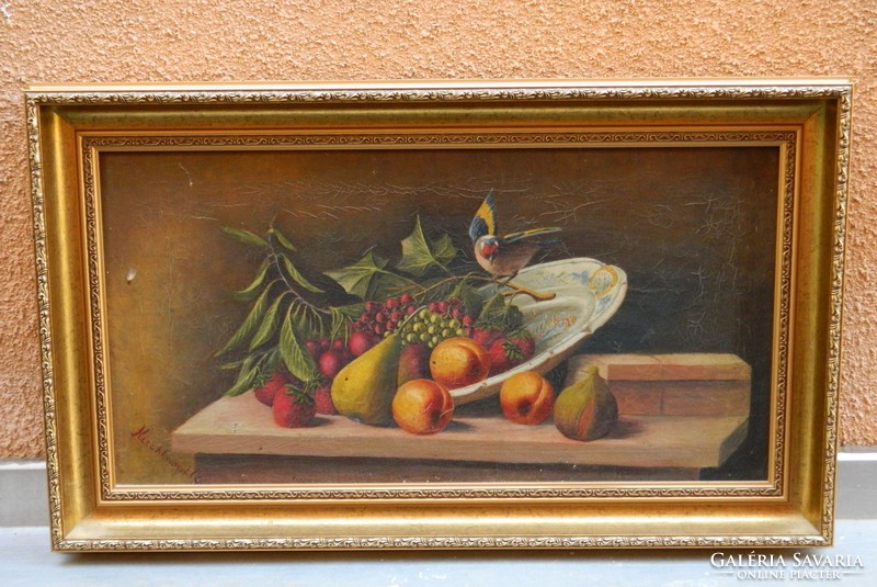 1920-as évek dedikált csendélet "Gyümölcstál kismadárral"
