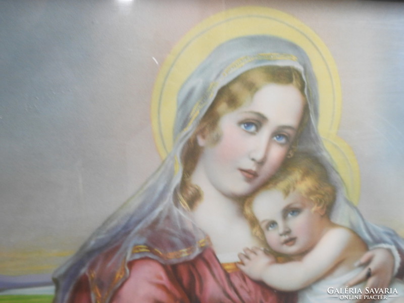 Virgin Mary with your little one in the company of angels - a huge sign - rare! Antique holy image framed