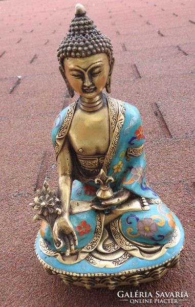 Meditáló  Buddha - antik bronz szobor cloisonné zománccal