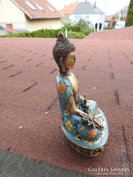 Meditating buddha - antique bronze statue with cloisonné enamel