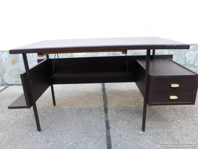 Retro, wood and wrought iron desk (drawer, shelf; 1979)