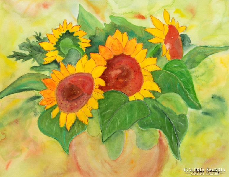 Artur harms: sunflowers, 2001 - large watercolor, framed