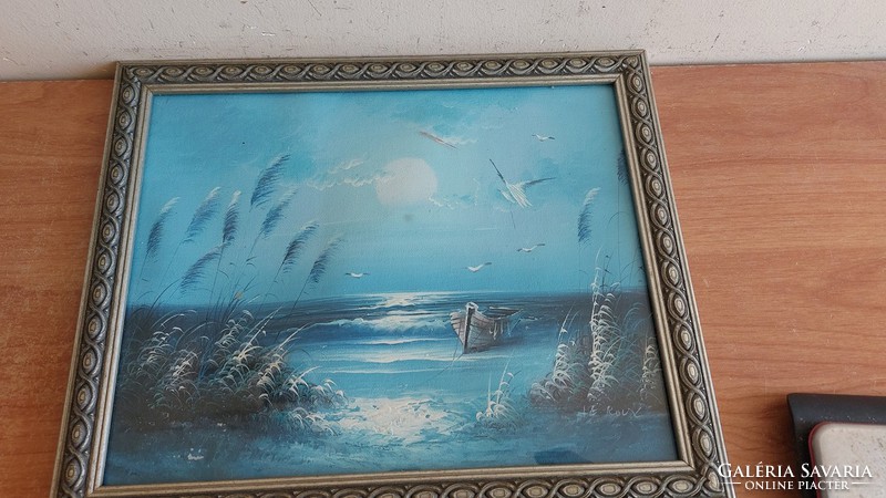 Szép vízpart festmény csónakkal 24x28 cm  Le Roux