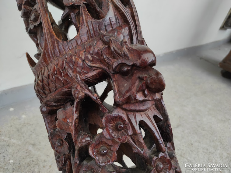Antik kínai dúsan faragott fa háromlábú oszlop sárkány madár motívum 5385