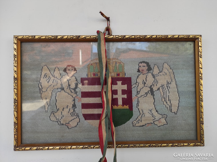 Antique tapestry needlework with Hungarian coat of arms angels in a contemporary frame irredenta 5399