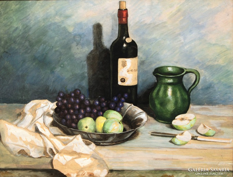 Asztali csendélet szőlővel, almával és borosüveggel - nagy méretű akvarell, keretezve