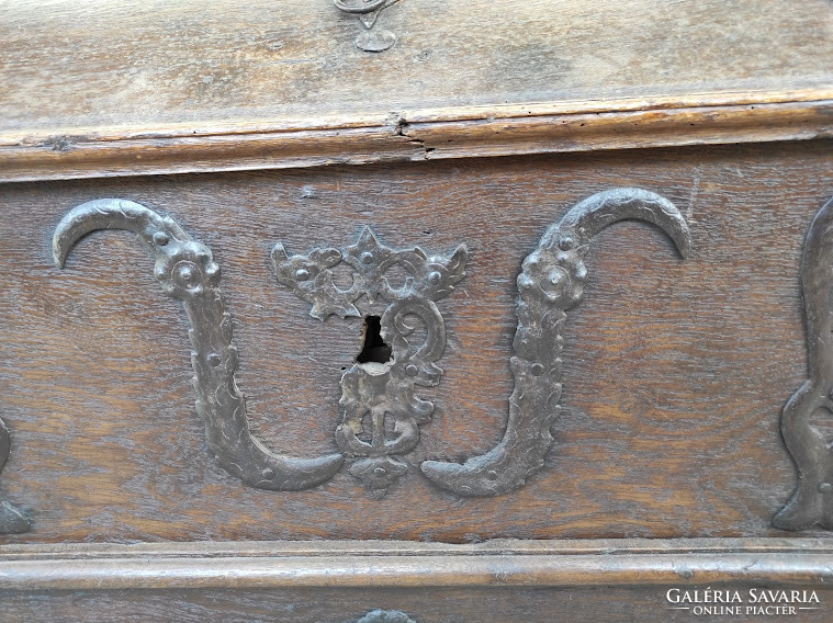 Antique renaissance baroque furniture iron applique vaulted heavy hardwood wooden chest 18th century 5370