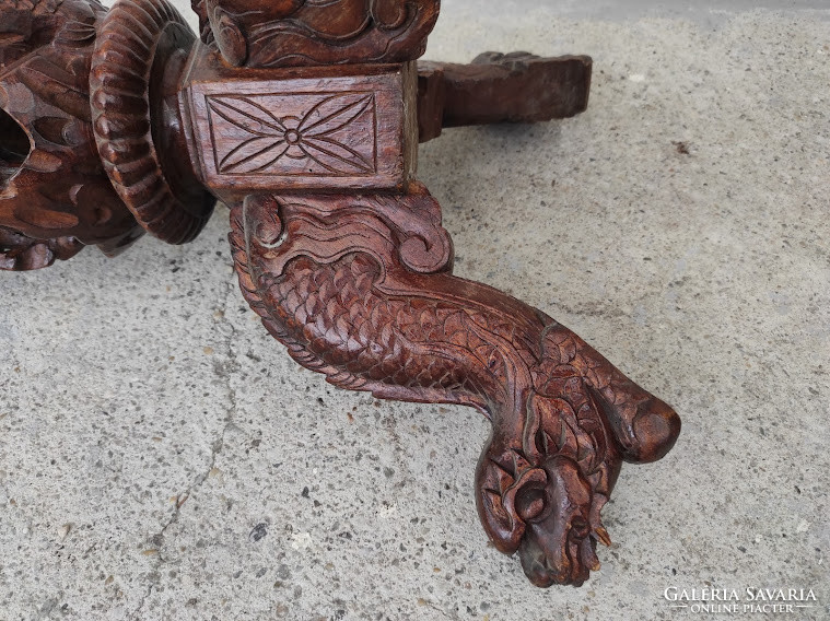 Antique Chinese richly carved wooden three-legged column dragon bird motif 5386