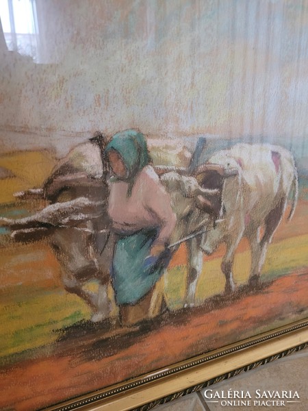 Unknown painter, old lady in the field with two oxen
