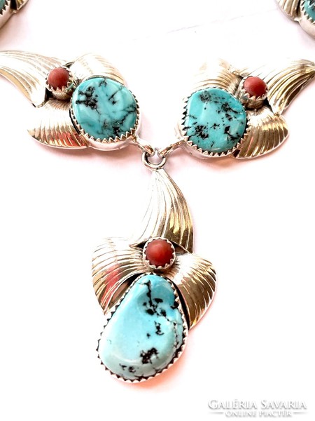 Turquoise and carnelian stone silver necklace